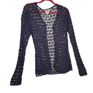 77 Sisters Navy blue Cardigan Long Sleeve Button Up Open Shell Pattern Size M